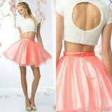 Beading Short Homecoming Dresses Moira Two Pieces Sleeve Tulle Backless Jewel Short