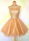 Cap Sleeve Jewel Homecoming Dresses Linda A Line Appliques Sequins Sheer Gold Organza Backless