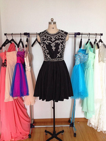 Jewel Sleeveless Pleated Homecoming Dresses Yareli Satin A Line Appliques Beading Black Short