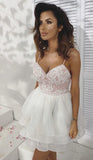 Tiered White Homecoming Dresses Beryl Lace A Line Pleated Organza V Neck Spaghetti Straps