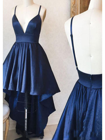High Low Navy Blue Deep V Neck Spaghetti Straps A Line Satin Susie Homecoming Dresses Backless