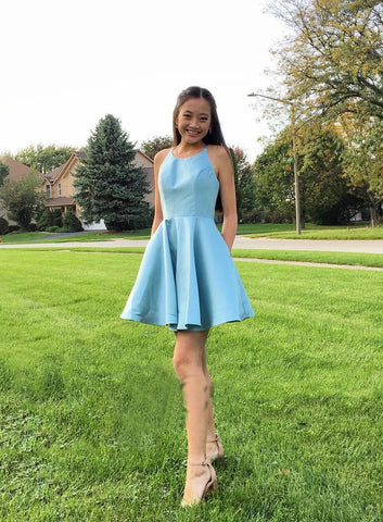 A Line Homecoming Dresses Janey Satin Halter Sleeveless Blue Simple Pleated Short