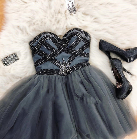 Dark Grey Strapless Sweetheart Beading Tulle Pleated Homecoming Dresses Halle A Line Short