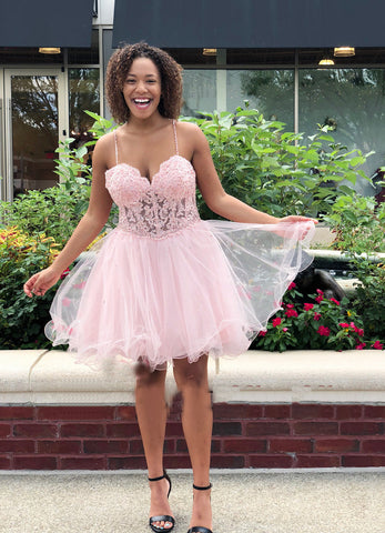 Lace A Line Homecoming Dresses Samantha Pink Spaghetti Straps Sweetheart Organza Pleated Sexy