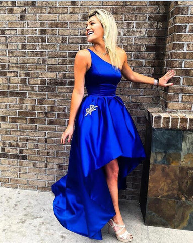 One Shoulder High Low Pleated Royal Blue Mercedes Satin Homecoming Dresses Sleeveless Ball Gown