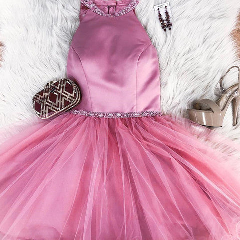 Halter Tulle Homecoming Dresses A Line Alannah Pink Sleeveless Short Pleated Simple Beading