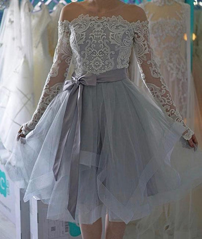 Off The Shoulder Long Lace Homecoming Dresses A Line Anabel Sleeve Organza Lavender Bowknot