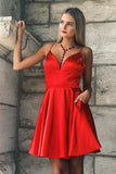 Spaghetti Straps V Neck Sexy Red A Line Satin Armani Homecoming Dresses Pleated Short