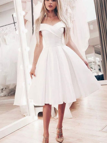 Off The Shoulder Pleated Knee A Line Piper Ivory Satin Homecoming Dresses Length