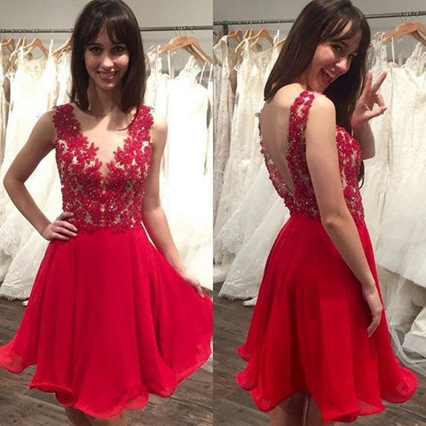Sheer Homecoming Dresses A Line Anika Red Appliques Organza Pleated Backless Short Sleeveless