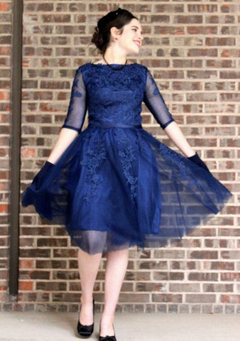Bateau Navy Blue Half Sleeve Tulle Appliques Pleated Homecoming Dresses A Line Evelyn Elegant