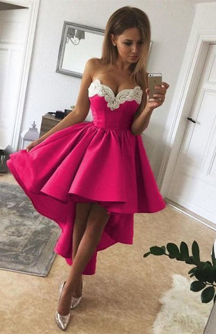 High Low Fuchsia Strapless Sweetheart Sylvia Homecoming Dresses A Line Appliques Pleated