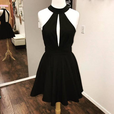 Halter Black Sleeveless Cut Mylie A Line Homecoming Dresses Satin Out Pleated Backless Short