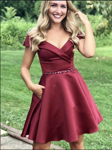 Burgundy V Neck Off Satin Homecoming Dresses A Line Polly The Shoulder Short Pleated