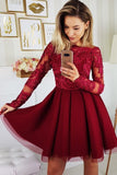 Burgundy Long Sleeve Lace A Line Homecoming Dresses Ireland Bateau Appliques Tulle Pleated