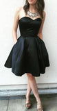 Black Strapless Sweetheart Pockets Backless Ainsley Satin A Line Homecoming Dresses Pleated