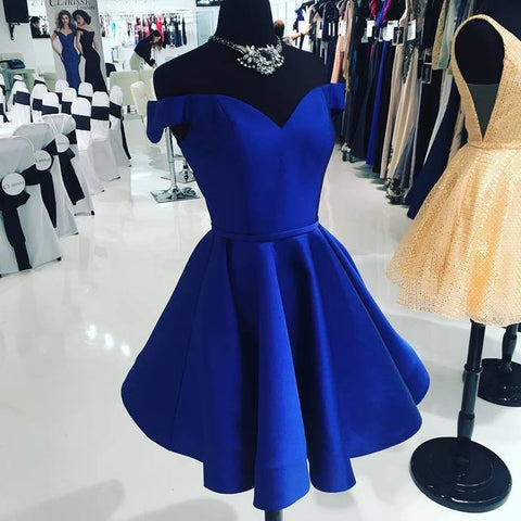 Off The Miriam Homecoming Dresses Royal Blue Satin A Line Shoulder V Neck Pleated Short