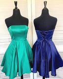 Strapless Backless Lace Satin Homecoming Dresses Jadyn A Line Up Short Pleated