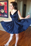 V Neck Sleeveless Pleated Dark Homecoming Dresses Satin A Line Karlie Navy Short Simple