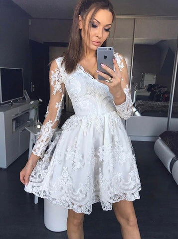 Long Sleeve A Line Avah Lace Homecoming Dresses White Deep V Neck Pleated Sheer Short