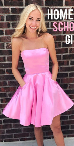 Strapless Pink Satin Ximena Homecoming Dresses A Line Straight Sleeveless Pleated Short Pockets