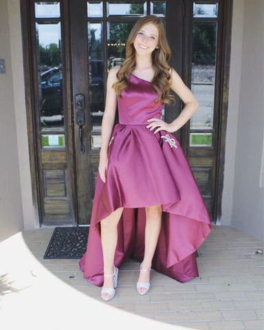 One Persis Homecoming Dresses Satin A Line Shoulder Sleeveless High Low Floor Length Simple