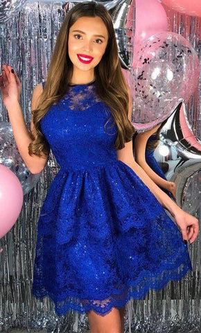 A Line Lace Homecoming Dresses Madge Royal Blue Jewel Sleeveless Pleated Elegant Sexy Short