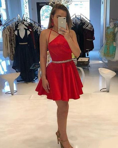 Homecoming Dresses Satin Isabela A Line Halter Spaghetti Straps Sexy Pleated Short Red Simple