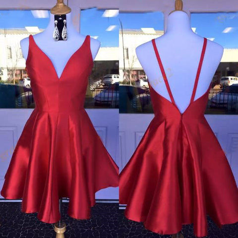 Deep V Neck Red Straps Backless Sleeveless A Line Satin Homecoming Dresses Kennedi Pleated
