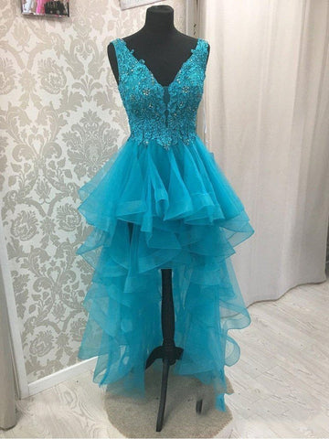 Akira Homecoming Dresses Blue V Neck High Low Organza Pleated Appliques Backless Sleeveless