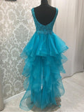 Akira Homecoming Dresses Blue V Neck High Low Organza Pleated Appliques Backless Sleeveless