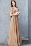A Line V Neck Short Sleeves Long Tulle Prom Dress, Evening Dresses With Beading