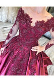 Prom Dress With Long Sleeves And Floral Embroidery Burgundy Colored Court Train