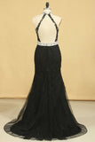 2024 Black Plus Size Prom Dresses Mermaid High Neck Open Back Tulle With Applique & Rhinestones