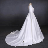 Ball Gown Long Sleeve White Satin Wedding Dresses, Long Simple Wedding Gowns SRS15060