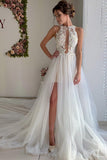 A Line Appliques Ivory Open Back Wedding Dresses, Long Beach Bridal Dresses