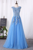 2024 Prom Dresses A Line Lace Up Tulle Scoop With Applique And Sash