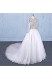 Puffy Long Sleeves Tulle White Wedding Dress, Shiny Long Bridal Dresses