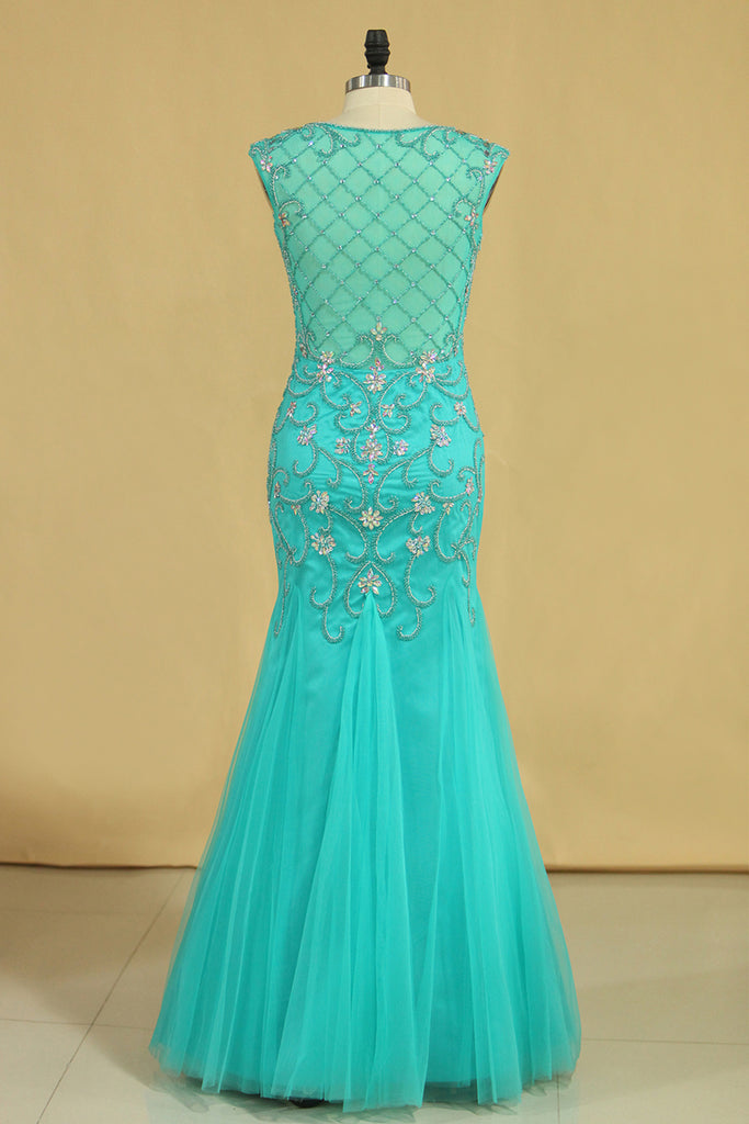 2024 Plus Size Scoop Mermaid Prom Dresses Beaded Bodice Tulle Floor Length
