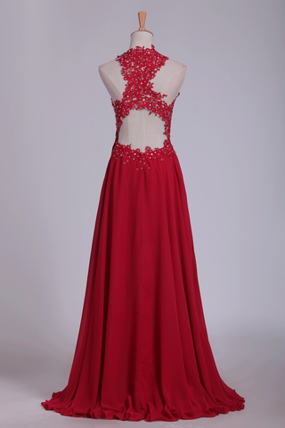 2024 Sexy Open Back Scoop Prom Dresses A Line With Applique And Beads Chiffon