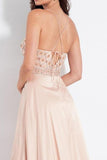Modest Spaghetti Straps Long V-Neck Open Back Pink Beading Prom Dresses