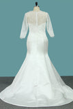 2024 Bateau Mermaid 3/4 Length Sleeves Satin Wedding Dresses Court Train Detachable