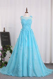 2024 Bateau A Line Prom Dresses Tulle With Applique Sweep Train