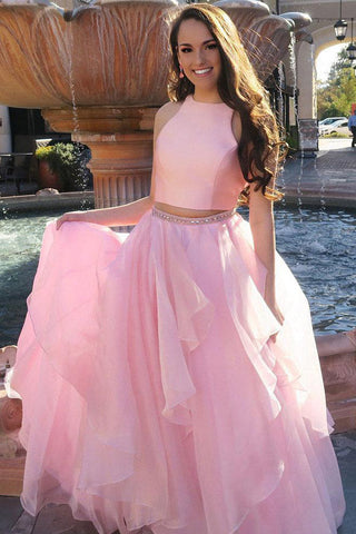 Pink Two Piece A Line Floor Length Sleeveless Ruffles Beading Prom Dresses