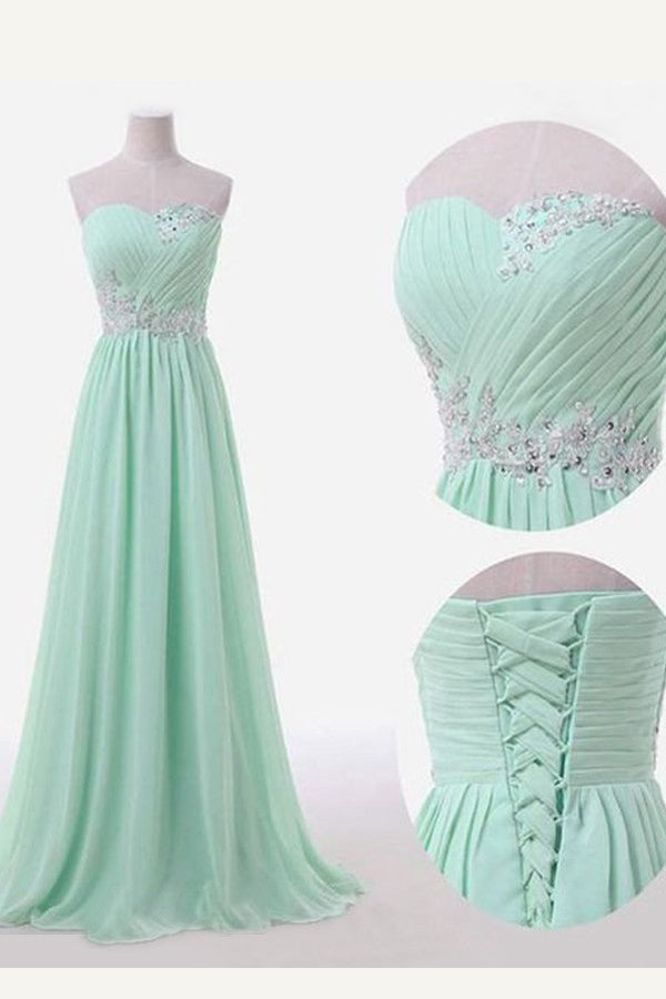 Green A Line Floor Length Sweetehart Sleeveless Beading Bridesmaid Dresses