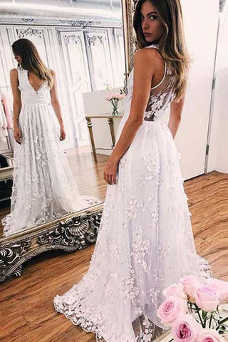 White A Line Brush Train Deep V Neck Sleeveless Lace Wedding Dresses