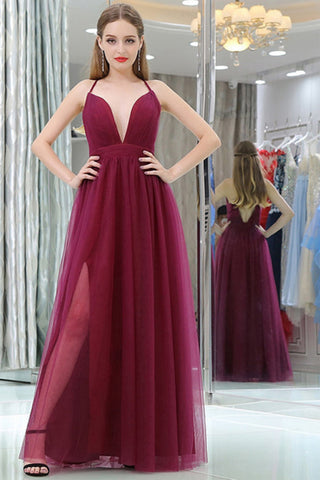 Burgundy A Line Floor Length Deep V Neck Sleeveless Side Slit Prom Dresses