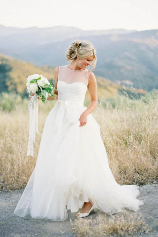 A Line Court Train Sleeveless Layers Tulle Wedding Gown