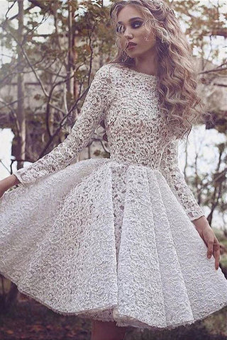 Ivory A Line Jewel Neck Long Sleeve Lace Appliques Short Homecoming Dresses