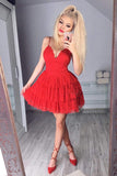 Red Spaghetti Sleeveless Ruffles Short Homecoming Dresses
